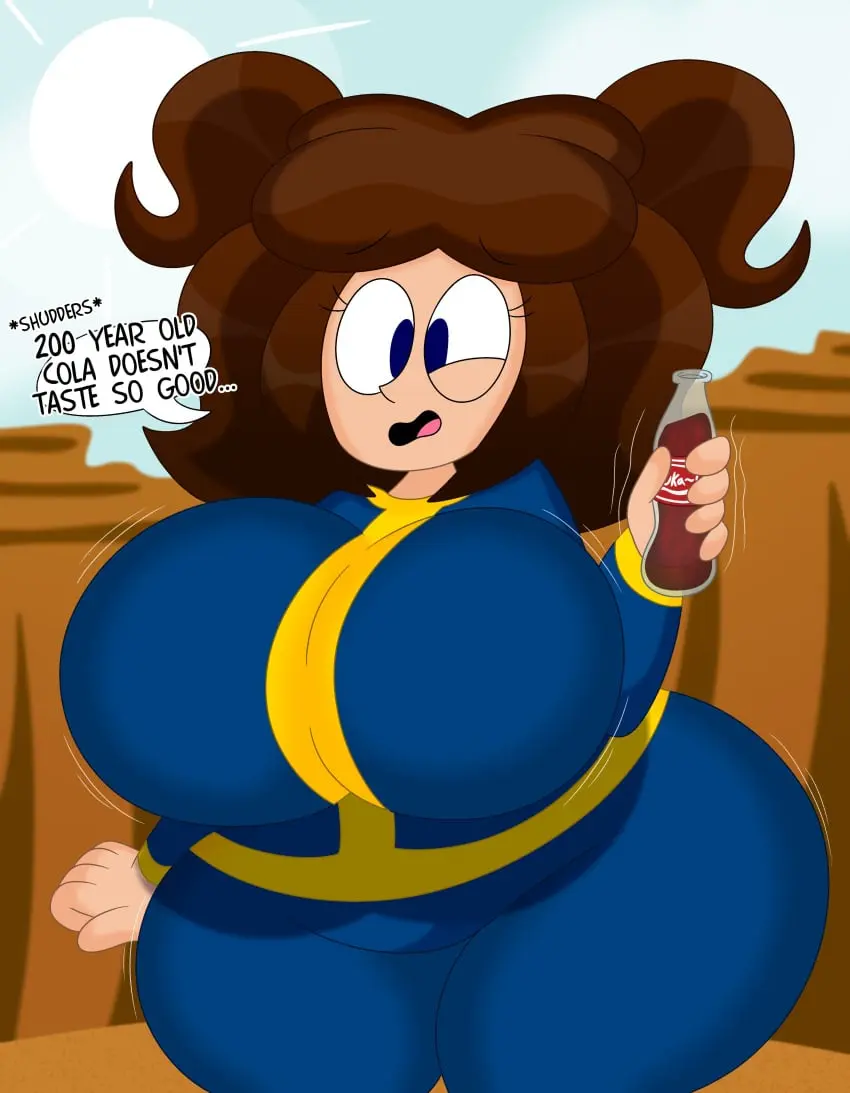 Image big_breasts,breasts,female,solo,wide_hips,huge_breasts,original,original_character,dialogue,2024,bethesda_softworks,fallout,vault_suit,soda,no_artist_signature,3barts,soda_bottle,jess_(3barts)