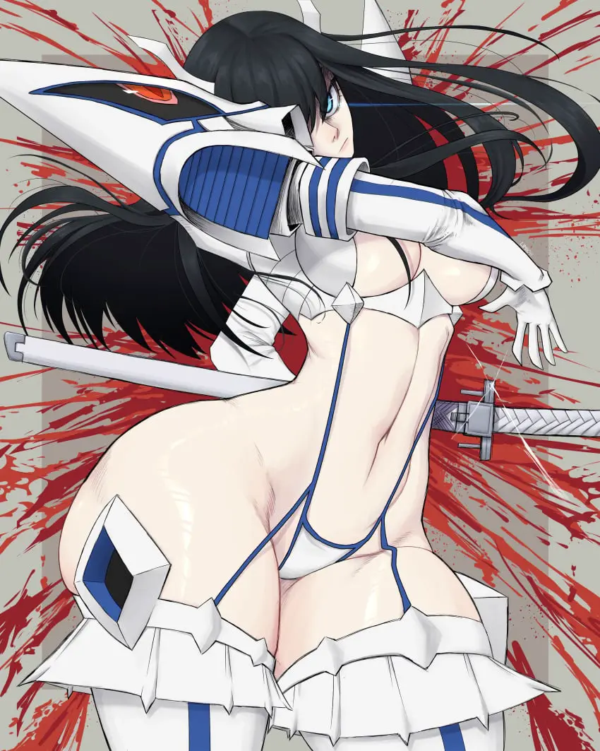 Image 1girls,big_breasts,breasts,female,long_hair,black_hair,blue_eyes,navel,panties,ass,big_ass,thick_thighs,thighs,bakuzan,junketsu,kill_la_kill,kiryuuin_satsuki,revealing_clothes,armor,sword,light_tail,inner_sideboob,long_gloves,limn044,eye_trail