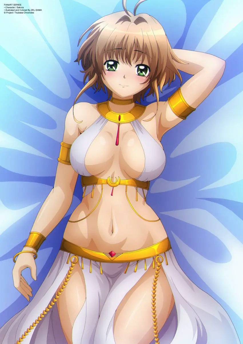 Image 1girls,breasts,female,human,large_breasts,light-skinned_female,light_skin,looking_at_viewer,solo,short_hair,thick_thighs,voluptuous,wide_hips,green_eyes,curvy,brown_hair,medium_hair,armlet,belly_dancer,belly_overhang,loincloth,harem_girl,harem_outfit,zel-sama,sakura_hime,tsubasa_chronicle