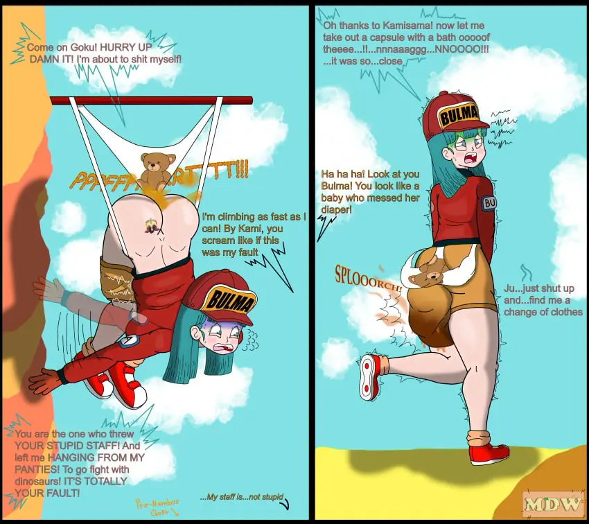 Image female,long_hair,blue_eyes,blue_hair,hat,dragon_ball,dialogue,shorts,cap,wedgie,fart,scat,bulma_briefs,no_sex,accident,desperation,humiliated,shitting_self,soiling,hanging_wedgie,mswedgie123,messing,puffy_jacket,shit_on_ass