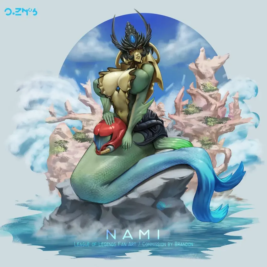 Image big_breasts, breasts, female, female_only, red_eyes, headgear, monster_girl, 2024, league_of_legends, commission, mermaid, black_sclera, armor, crown, helmet, merfolk, nami_(league_of_legends), marai, ensouwon