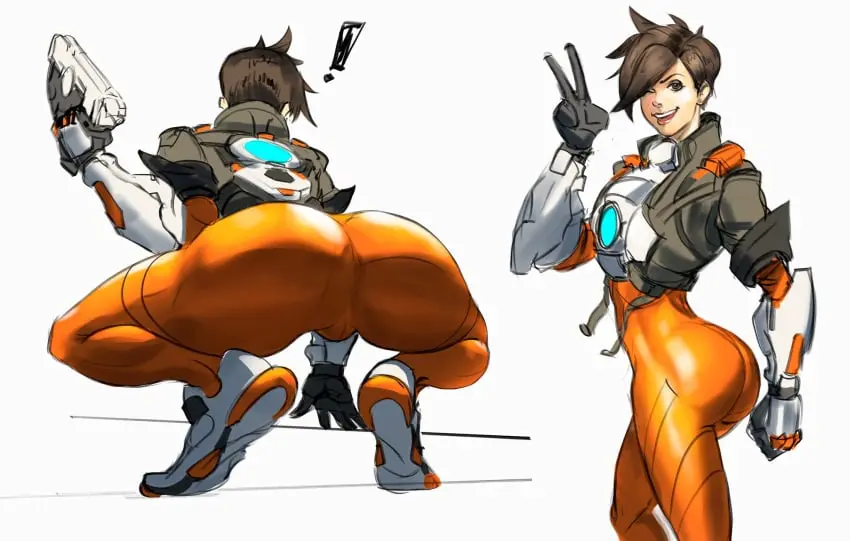 Image 1girls,brown_eyes,female,smile,gloves,short_hair,ass,big_ass,thighs,open_smile,thick_ass,wink,brown_hair,dark_hair,fit,fit_female,jacket,squatting,ass_focus,bodysuit,cleft_of_venus,v,overwatch,overwatch_2,tracer,armor,!,skin_tight,gun,pistol,calves,cropped_jacket,sneakers,chronal_accelerator,firearm,gauntlet,mashingvaquita