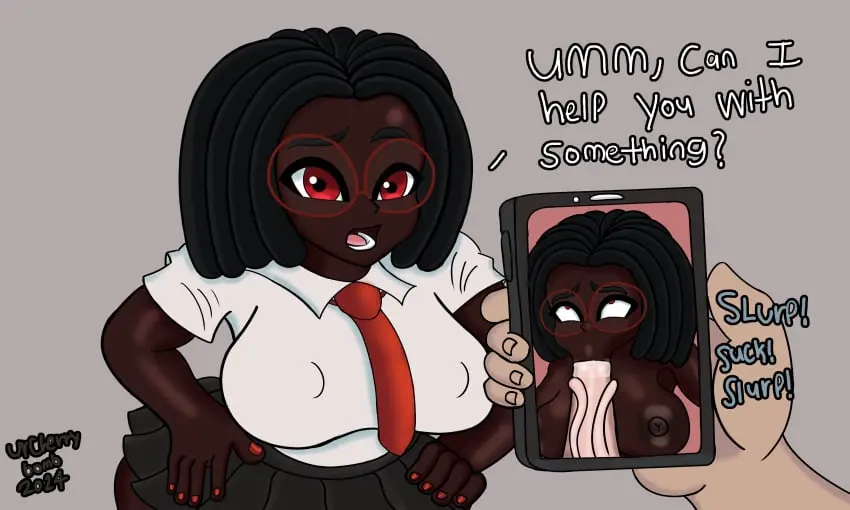 Image female,looking_at_viewer,red_eyes,straight,female_focus,fellatio,interracial,clothed_female,solo_focus,glasses,dark-skinned_female,blowjob,oc,phone_screen,:>=,blowjob_face,blackmail,juxtaposition,photo_comparison,urcherrybombz