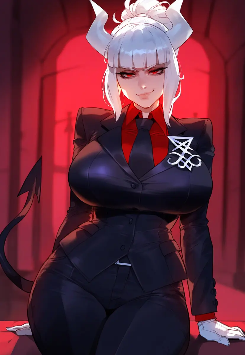 Image 1girls,big_breasts,breasts,clothed,clothing,female,female_only,hi_res,light-skinned_female,light_skin,looking_at_viewer,red_eyes,solo,white_hair,gloves,tail,thick_thighs,horns,ai_generated,solo_female,tight_clothing,helltaker,lucifer_(helltaker),tie,suit,thiccwithaq_(ai_style),floox