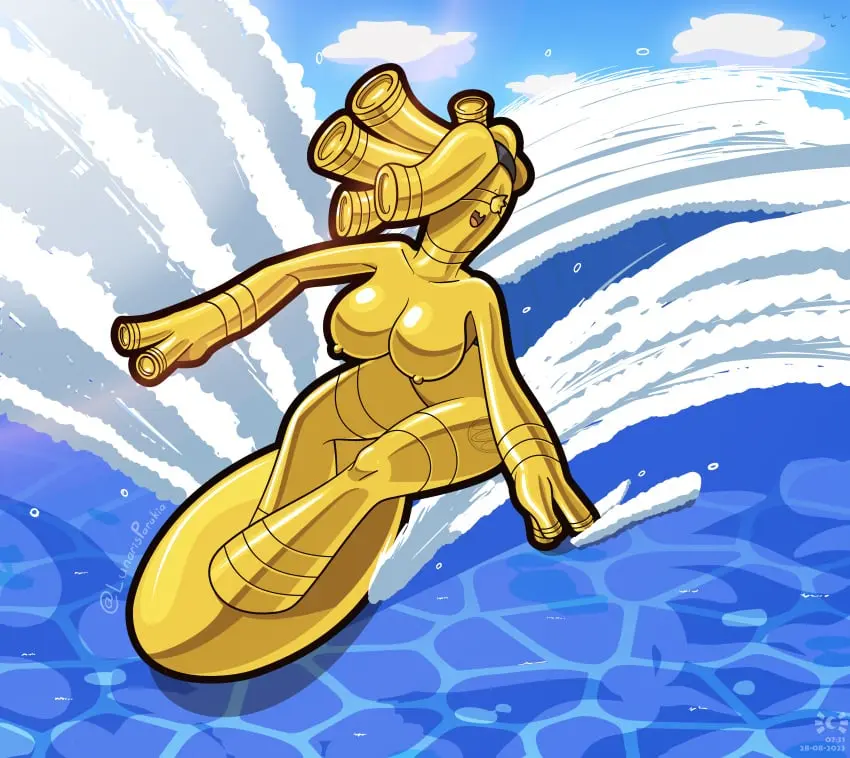 Image 2023,blush,breasts,female,hi_res,nipples,solo,navel,nude,pokemon,pokemon_(species),humanoid,water,sky,accessory,digital_media_(artwork),hair_accessory,hairband,looking_away,hair,absurd_res,cloud,pose,nintendo,glistening,glistening_body,pokemorph,outside,leaning_forward,no_humans,markings,metallic_body,hair_over_eye,one_eye_obstructed,generation_9_pokemon,black_hairband,sea,wave,leaning,gold_nipples,surfboard,sport,hairband_only,surfing,action_pose,lunaris_parukia,no_areola,action_scene,aubrey_(latiar),gholdengo,gold_body,metal_creature