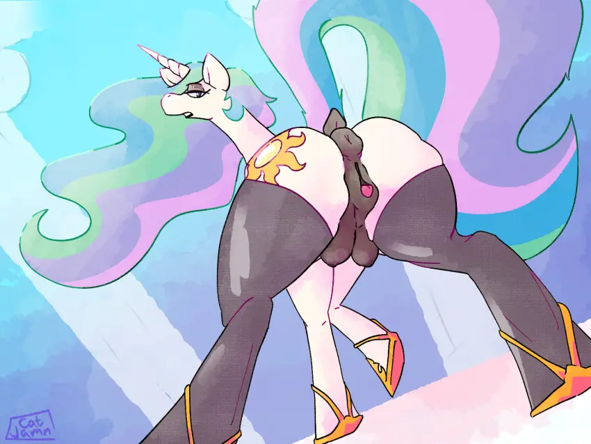 Image breasts,clothing,female,hi_res,looking_at_viewer,solo,pussy,ass,anthro,anus,stockings,genitals,legwear,friendship_is_magic,hasbro,my_little_pony,princess_celestia_(mlp),animal_genitalia,crotchboobs,cutie_mark,catjam_(artist)