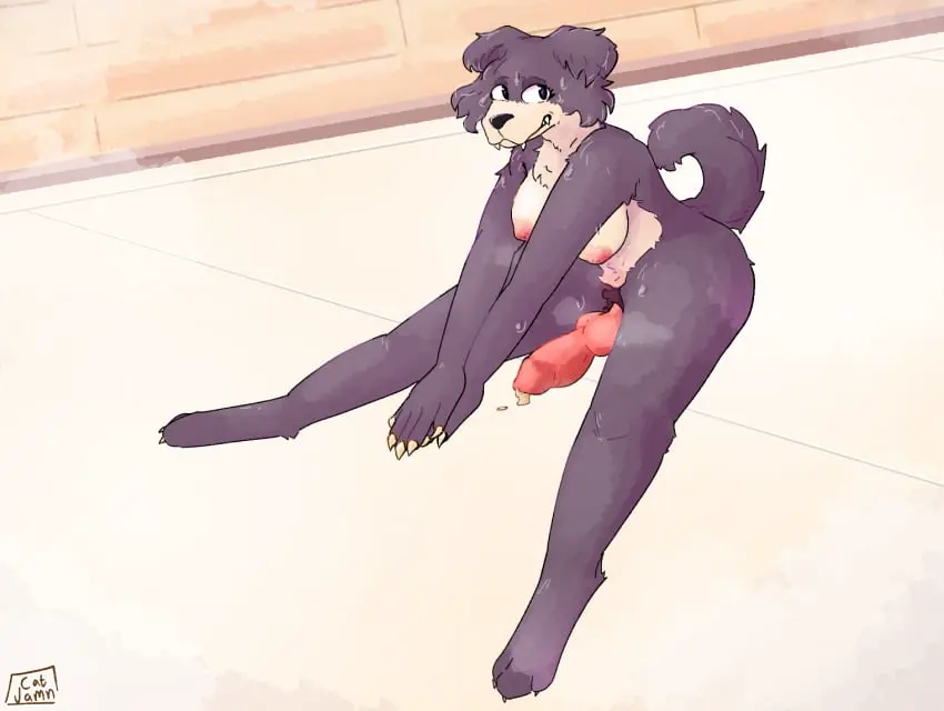 Image breasts,looking_at_viewer,nipples,solo,cum,penis,sweat,tail,futanari,intersex,teeth,anthro,tan_body,genital_fluids,beastars,bodily_fluids,fur,genitals,claws,paws,fangs,herm,tan_fur,pubes,stretching,dark_body,curled_tail,juno_(beastars),dark_fur,awkward,awkward_smile,catjam_(artist)