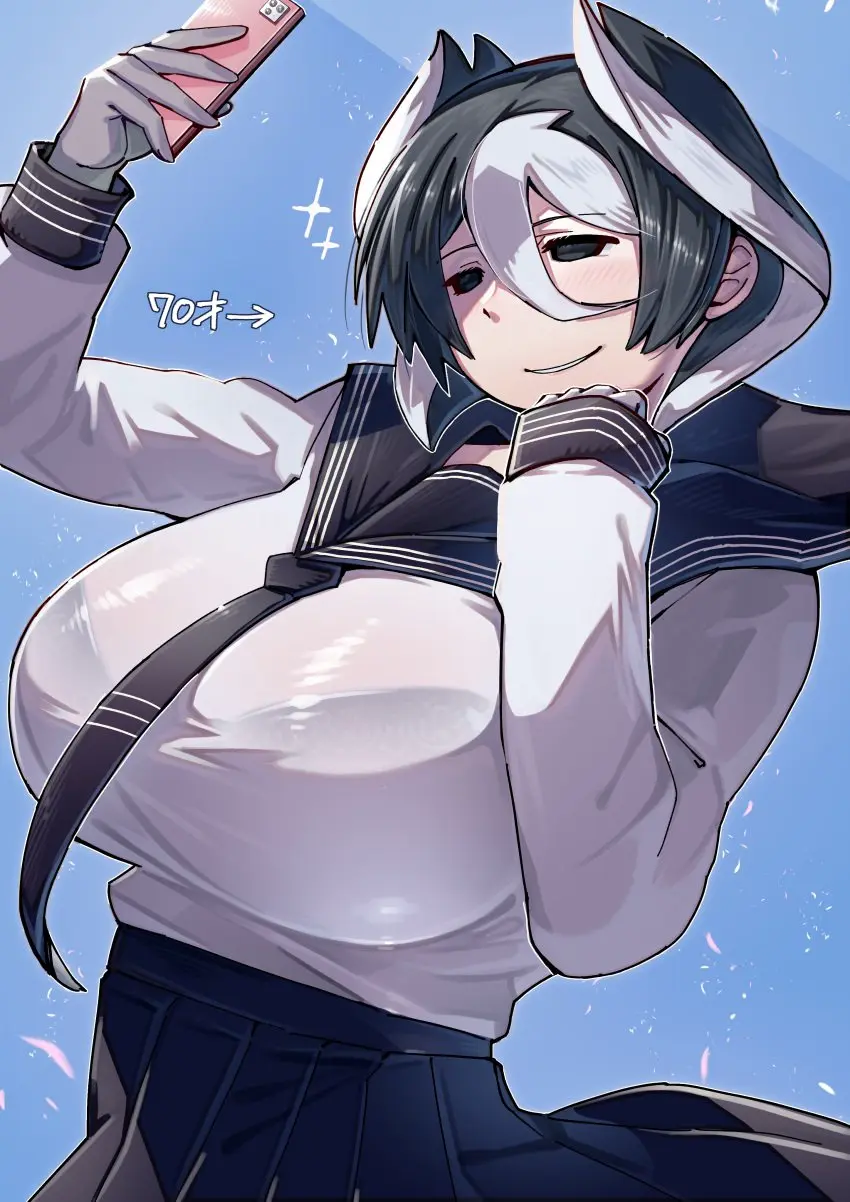 Image big_breasts,blush,breasts,female,female_only,smile,solo,two_tone_hair,huge_breasts,school_uniform,hair_between_eyes,black_eyes,serafuku,alternate_costume,selfie,fully_clothed,phone,cellphone,smartphone,bra_visible_through_clothes,translucent_clothing,black_and_white_hair,made_in_abyss,kingofbandit156,ozen