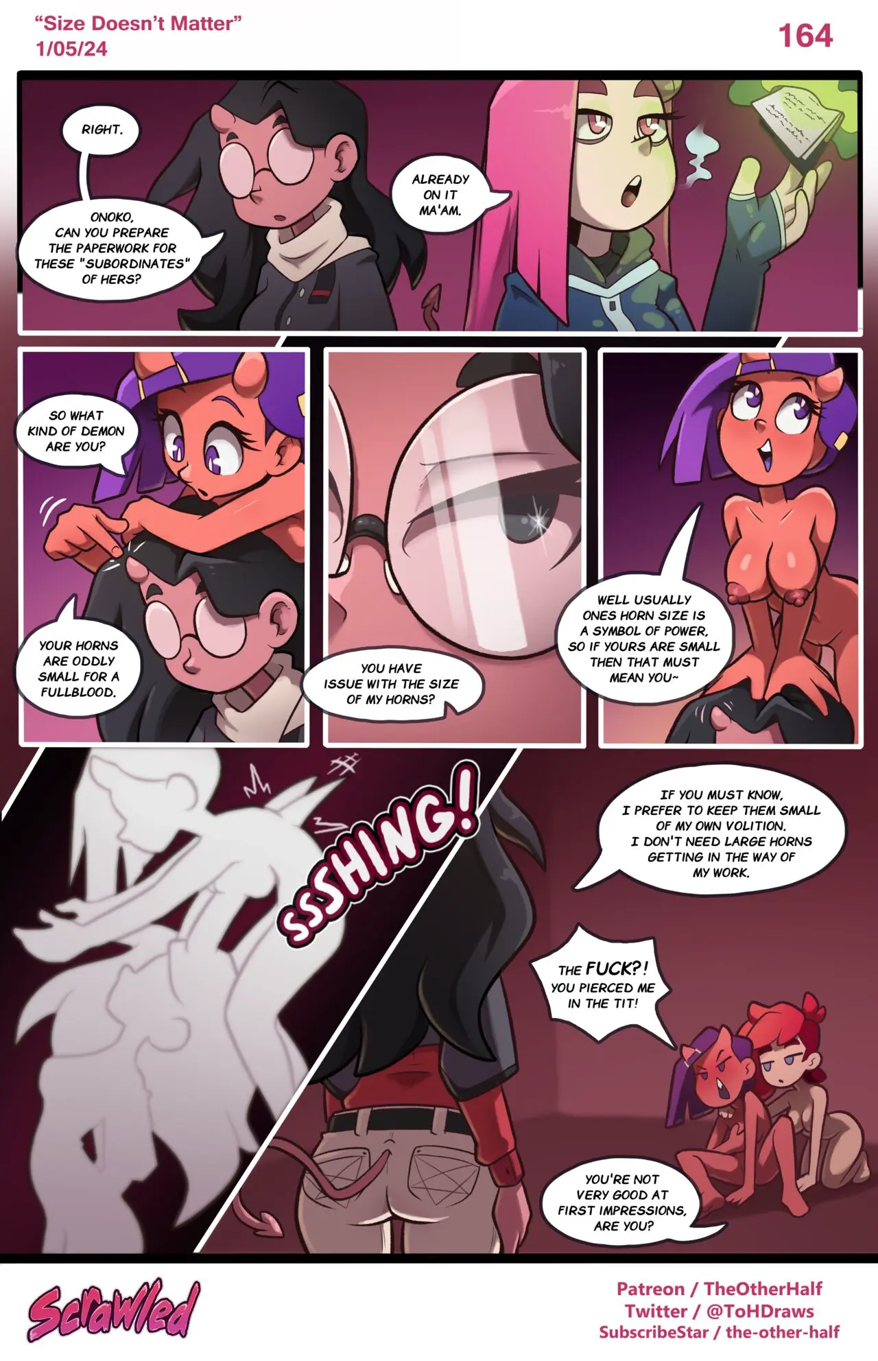 Image breasts, female, text, tagme, demon_girl, comic, english_text, comic_panel, the_other_half, asipelli_(the_other_half), nera_(the_other_half), scrawled, page_164
