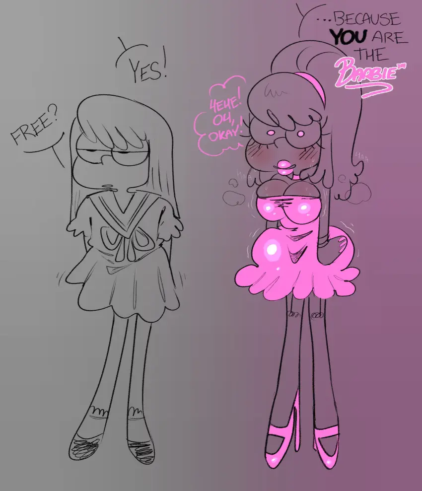 Image blush,female,female_only,long_hair,open_mouth,simple_background,smile,thighhighs,cleavage,hair_band,text,pink_eyes,dress,nail_polish,school_uniform,socks,trembling,glowing_eyes,skirt,high_heels,dialogue,ribbon,makeup,lipstick,speech_bubble,femsub,transformation,shoes,before_and_after,ass_expansion,breast_expansion,pink_lipstick,bimbofication,brain_drain,happy_trance,heavy_eyelids,nojahns,barbie_(series)