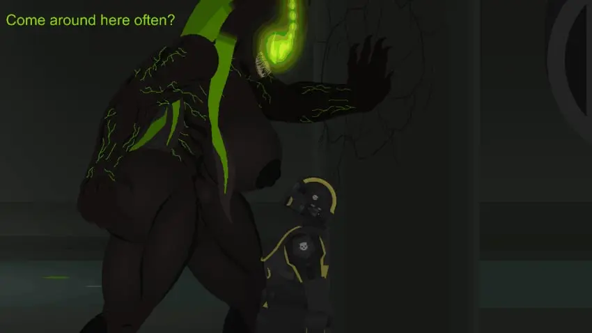 Image 1girls,breasts,female,large_breasts,1boy,male,muscular,horns,anthro,green_eyes,green_hair,sharp_teeth,oc,tentacle_hair,large_ass,military_uniform,muscular_female,larger_female,helldivers,helldivers_2,green_tentacles,helldiver_(helldivers),armored_male,symbiote,sewer,stick_nodes,she-raiser