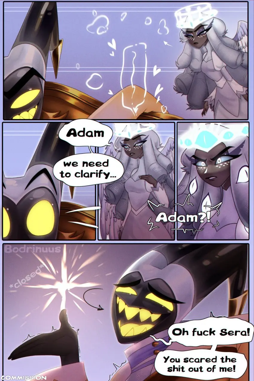 Image female,white_hair,male,yellow_eyes,curly_hair,freckles,embarrassed,angel_wings,angel,halo,comic,comic_page,white_dress,english_text,angry_face,speech_bubble,magic,hazbin_hotel,caught,english,white_nails,adam_(hazbin_hotel),the_first_man,mask,grey_skin,voyeur,voyeurism,multi_eye,offscreen_sex,sera_(hazbin_hotel),nervous_male,heaven,embarrassed_male,portal,mask_on_head,snapping_fingers,peeping_tom,two_tone_lips,bodrinuus_
