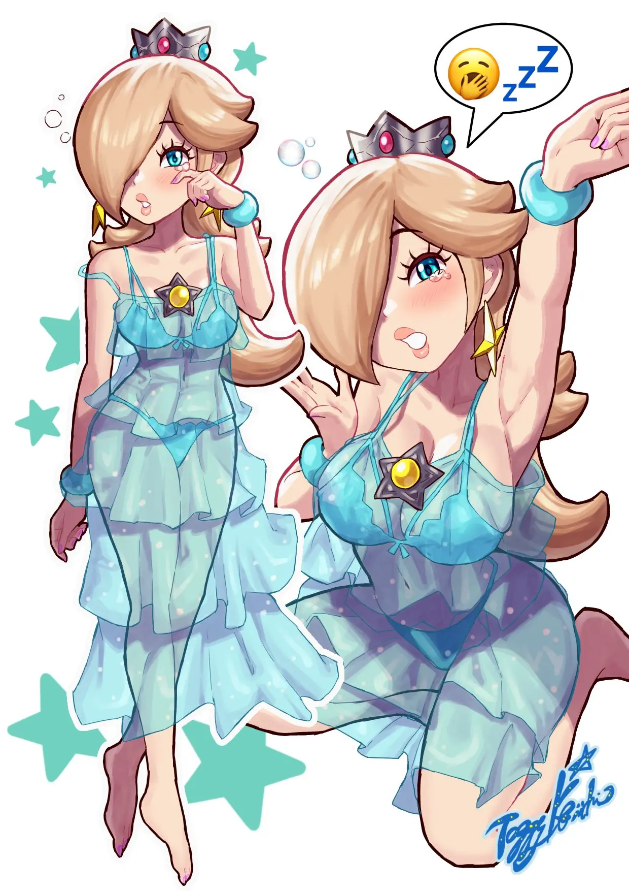 Image 1girls,female,light-skinned_female,light_skin,blue_eyes,bra,panties,earrings,barefoot,hair_over_one_eye,artist_name,cleavage,lingerie,blonde_hair,nail_polish,busty,curvy,mario_(series),nintendo,bracelet,stars,tears,speech_bubble,see-through_clothing,painted_nails,pink_nails,crown,painted_fingernails,princess_rosalina,waking_up,sleepy,yamino_ekakinin