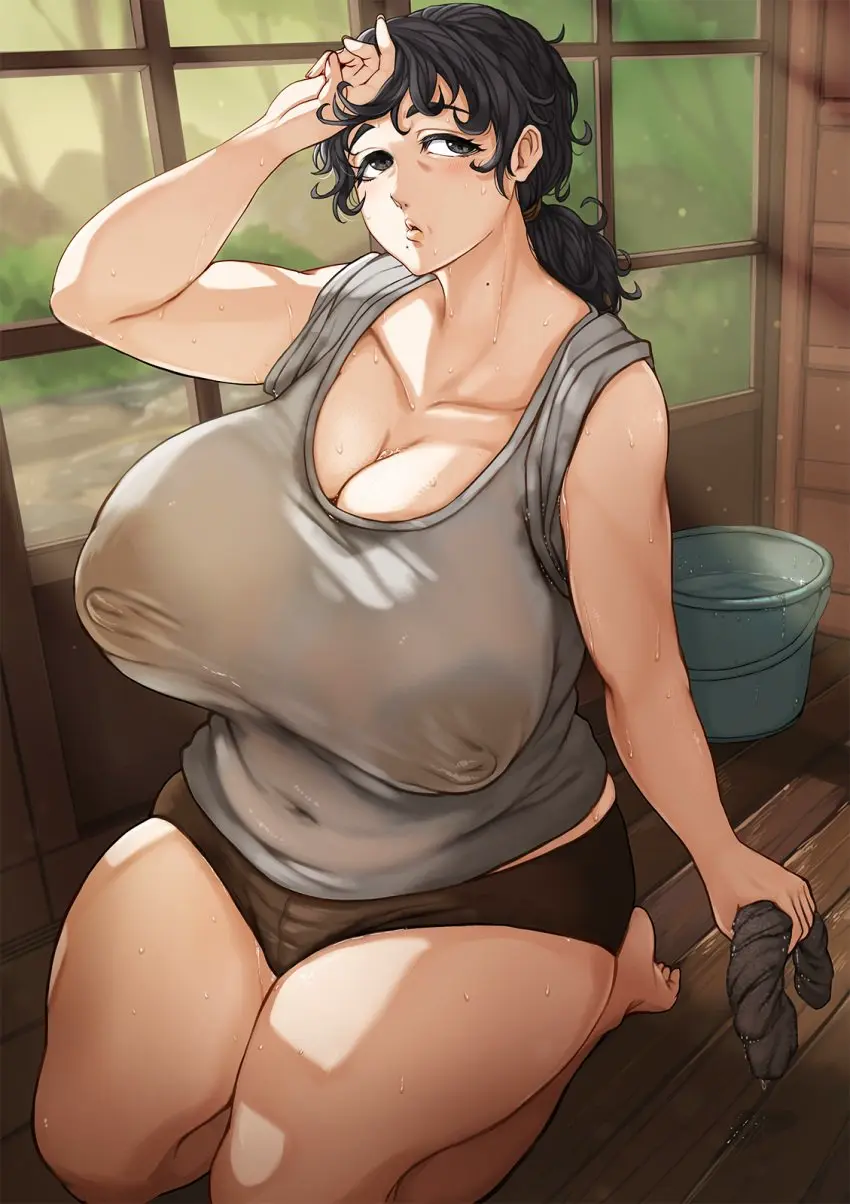 Image 1girls,blush,breasts,female,female_only,solo,sweat,voluptuous,kneeling,milf,cleavage,covered_nipples,huge_breasts,voluptuous_female,original,mole,wet,mature_female,mole_under_mouth,dark_nipples,wife,nipple_bulge,tank_top,wet_shirt,plump,cleaning,seiza,sweat_stain,toshi21888046