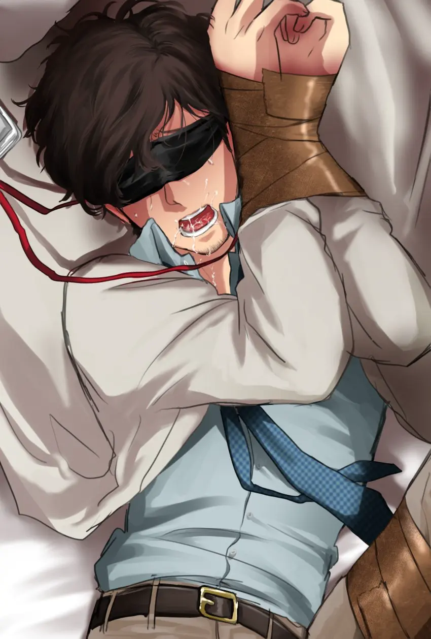 Image open_mouth,1boy,male,male_only,drool,drooling,tagme,skinny,sweating,solo_male,nervous,persona_5,blushing,questionable_consent,imminent_sex,no_visible_genitalia,dilf,coat,id_card,scientist,researcher,nervous_male,taped_arms,anarogiizu,cloth_blindfold,id_strap,maruki_takuto,taped_legs