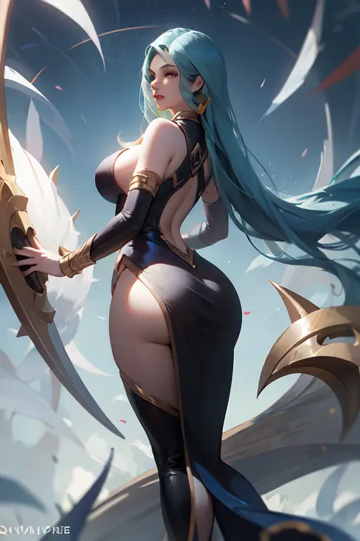 Image 1girls,female,looking_at_viewer,underwear,big_ass,female_focus,thick_thighs,thighs,ai_generated,lingerie,solo_female,from_behind,dress,original_character,ass_focus,original_characters,cyan_hair