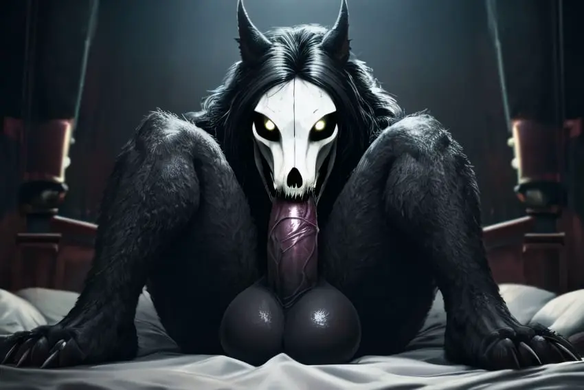 Image solo,black_hair,nude,penis,furry,1futa,fellatio,futanari,intersex,ai_generated,balls,anthro,cock,futa_only,wolf,nude_futa,scp-1471,scp_foundation,wolf_girl,black_penis,black_fur,autofellatio,skull_head,shiny_eyes,implied_futa,scarlethblood,black_cock,self_fellatio