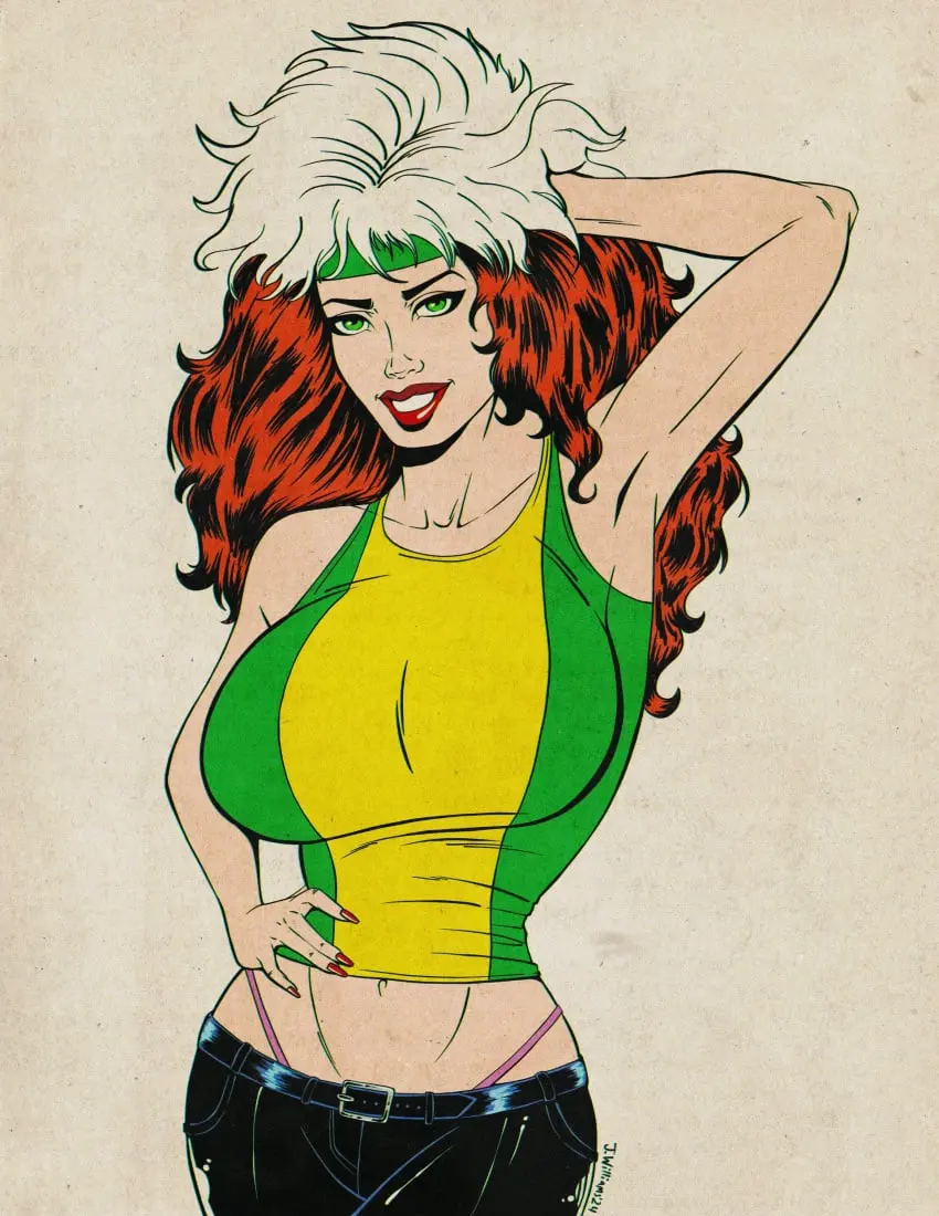 Image 1girls,breasts,female,light-skinned_female,light_skin,white_hair,smiling,huge_breasts,green_eyes,busty,curvy,brown_hair,red_lipstick,artist_signature,small_waist,painted_nails,marvel,marvel_comics,x-men,anna_marie,rogue_(x-men),red_nails,painted_fingernails,thong_straps,handband,jaywilliamzart