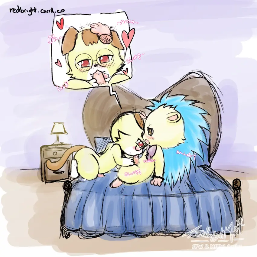 Image blush,brown_eyes,hi_res,red_eyes,licking,male,oral,penis,tail,tongue_out,tongue,sex,duo,erection,fellatio,male/male,digital_media_(artwork),eyewear,glasses,anthro,text,saliva,bed,bodily_fluids,fur,genitals,mammal,yellow_body,yellow_fur,sound_effects,feline,sega,penile,furniture,animal_genitalia,animal_penis,leg_markings,markings,gloves_(marking),heart_symbol,penis_lick,felid,moan,domestic_cat,felis,sanrio,brown_tail,onomatopoeia,head_grab,brown_ears,hedgehog,socks_(marking),lamp,eulipotyphlan,brown_markings,bow_tie,sega_fave,sega_toys,jewelpet,jewelpet_(species),nightstand,alex_(jewelpet),blue_quills,brownie_(jewelpet),dipstick_muzzle,redbright_(artist),scottish_fold