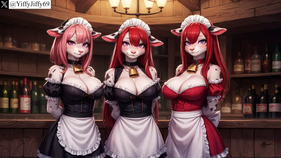 Image breasts,female,large_breasts,long_hair,looking_at_viewer,smile,animal_ears,multiple_girls,red_hair,furry,watermark,horns,ai_generated,artist_name,cleavage,pink_hair,anthro,furry_female,twitter,stable_diffusion,dress,purple_eyes,indoors,maid,maid_headdress,apron,3girls,bovine,bell,arms_behind_back,twitter_username,neck_bell,bottle,yiffyjiffy69,cow