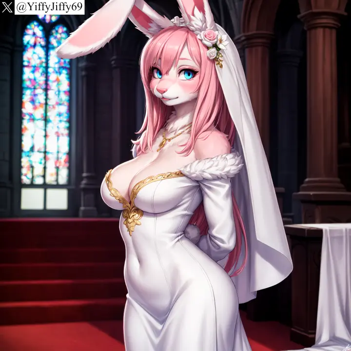 Image blush, breasts, female, hair_ornament, large_breasts, long_hair, looking_at_viewer, smile, solo, animal_ears, blue_eyes, tail, furry, watermark, ai_generated, artist_name, bare_shoulders, cleavage, jewelry, pink_hair, anthro, furry_female, twitter, stable_diffusion, dress, necklace, rabbit_ears, indoors, white_dress, flower, covered_navel, body_fur, white_fur, lagomorph, rabbit, church, arms_behind_back, twitter_username, rabbit_tail, rabbit_girl, animal_nose, yiffyjiffy69