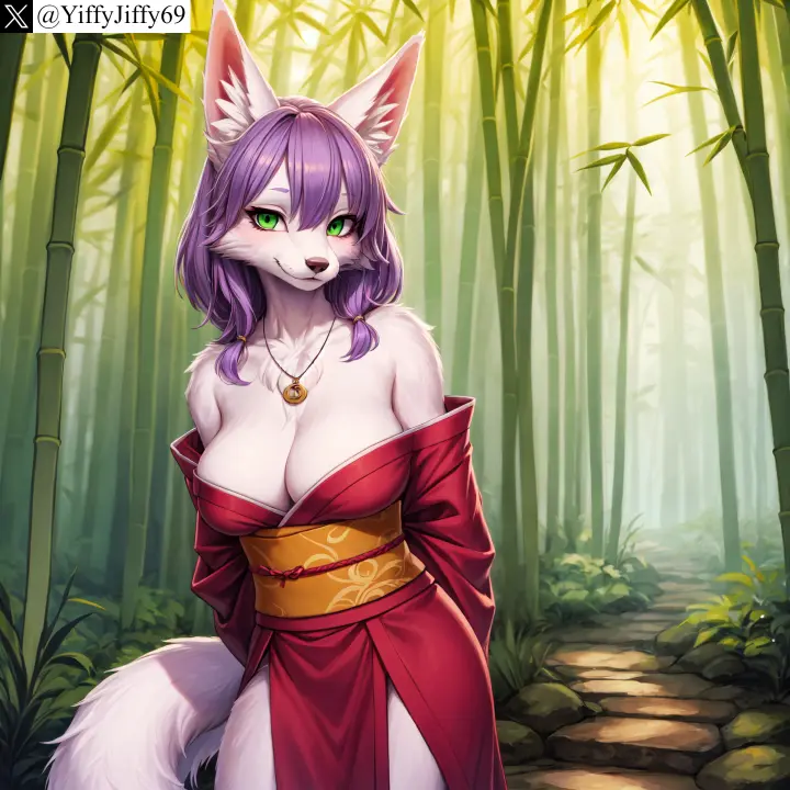 Image breasts,cowboy_shot,female,large_breasts,looking_at_viewer,smile,solo,standing,animal_ears,bangs,tail,furry,watermark,ai_generated,artist_name,bare_shoulders,cleavage,collarbone,jewelry,anthro,furry_female,twitter,green_eyes,stable_diffusion,necklace,purple_hair,hair_between_eyes,outdoors,canine,closed_mouth,off_shoulder,body_fur,kimono,forest,fox,nature,white_fur,arms_behind_back,japanese_clothes,twitter_username,red_kimono,bamboo,obi,sash,yiffyjiffy69,bamboo_forest