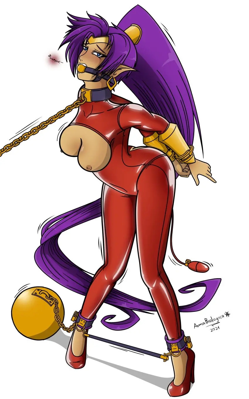 Image 1girls,breasts,exposed_breasts,female,female_only,nipples,ponytail,spread_legs,dark-skinned_female,purple_hair,collar,heels,high_heels,latex,latex_clothing,tight_clothing,revealing_clothes,bondage,leash,femsub,chains,cuffs,shantae,shantae_(character),chain_leash,ball_gag,bound,bound_wrists,gag,gagged,boob_window,buttplug,bare_breasts,leash_pull,handcuffs,latex_bodysuit,genie,leash_and_collar,shiny_clothes,steel_bondage,lock,padlock,arms_held_back,spreader_bar,catsuit,collared,genie_girl,ball_and_chain,inflatable_buttplug,inflatable_insertable,armabiologica,leg_spreader