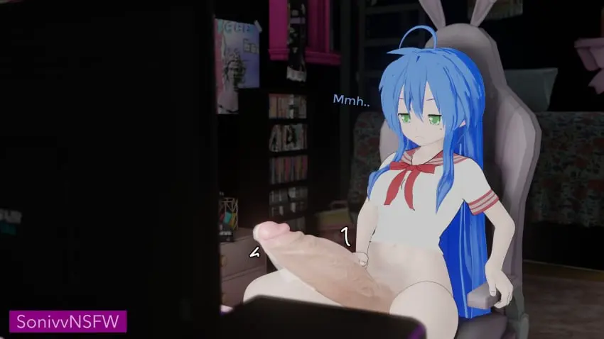 Image solo,blue_hair,penis,1futa,futanari,intersex,watermark,huge_cock,green_eyes,3d,masturbation,precum,small_but_hung,computer_monitor,leaking_precum,lucky_star,shelf,gaming_chair,stroking_penis,konata_izumi,sonivvnsfw