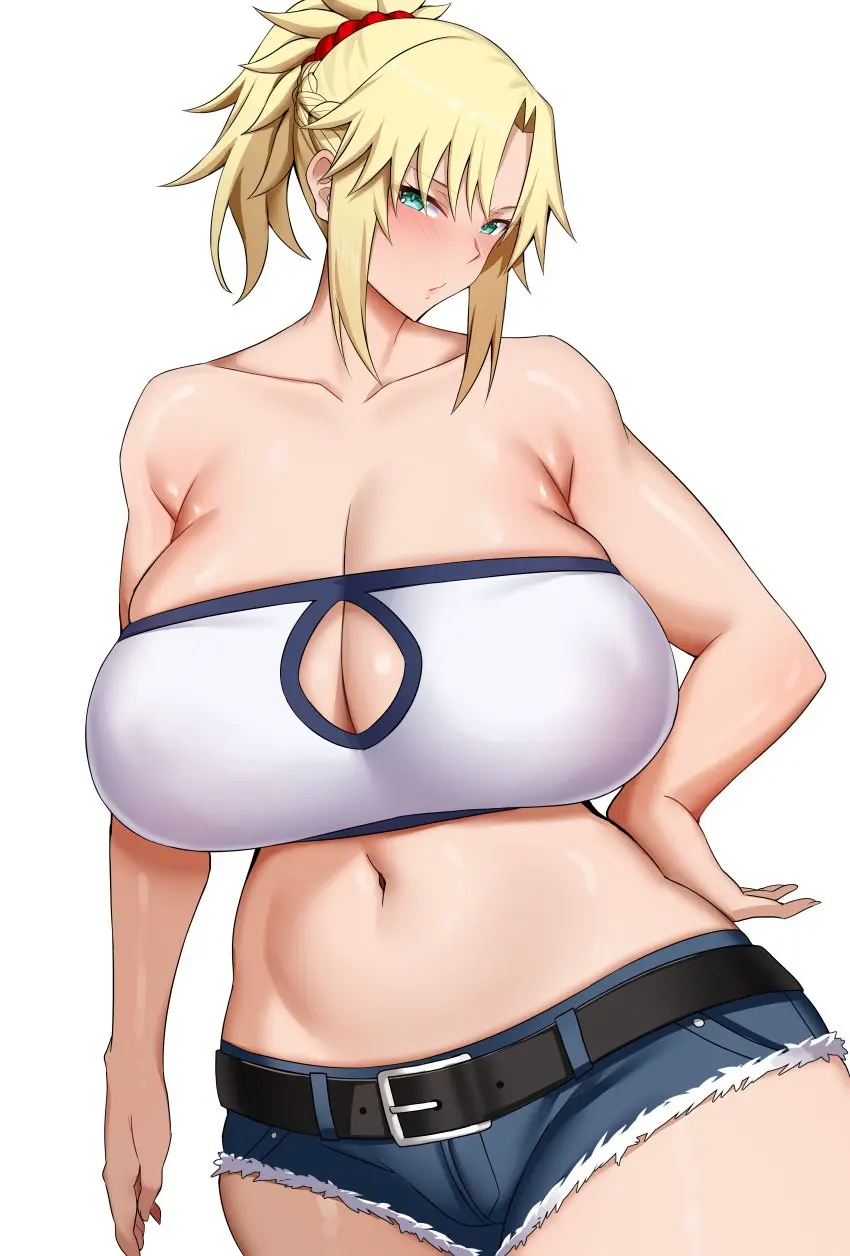 Image 1girls,blush,breasts,clothed,clothing,female,female_only,large_breasts,looking_at_viewer,solo,thick_thighs,ponytail,cleavage,huge_breasts,blonde_hair,green_eyes,tied_hair,braid,shorts,fate_(series),fate/grand_order,arind_yudha,mordred_(fate)