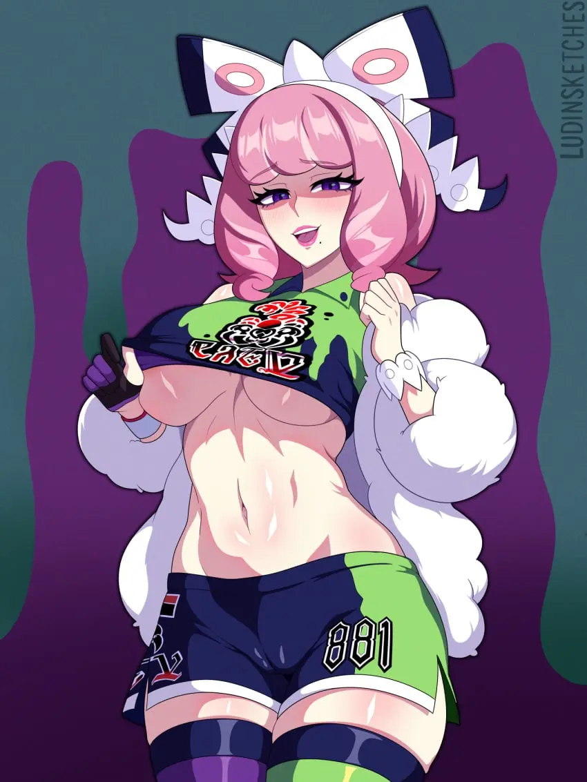 Image 1girls,breasts,female,hi_res,large_breasts,light-skinned_female,light_skin,pokemon,thick_thighs,underboob,stockings,medium_hair,nintendo,slim_waist,pokemon_ss,klara_(pokemon),pokemon_ss_isle_of_armor,ludinsketches