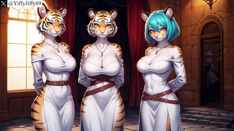 Image breasts,female,large_breasts,looking_at_viewer,smile,white_hair,animal_ears,blue_hair,multiple_girls,short_hair,yellow_eyes,furry,watermark,ai_generated,artist_name,bare_shoulders,cleavage,collarbone,jewelry,anthro,furry_female,twitter,stable_diffusion,dress,necklace,indoors,white_dress,belt,covered_navel,feline,3girls,tiger,arms_behind_back,twitter_username,yiffyjiffy69,tiger_ears