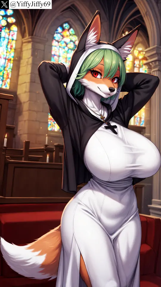 Image breasts,female,looking_at_viewer,red_eyes,smile,solo,animal_ears,tail,furry,watermark,ai_generated,arms_behind_head,artist_name,huge_breasts,anthro,furry_female,twitter,stable_diffusion,dress,necklace,indoors,green_hair,canine,snout,fox_ears,fox_girl,fox_tail,body_fur,fox,church,nun,twitter_username,cross,habit,animal_nose,yiffyjiffy69