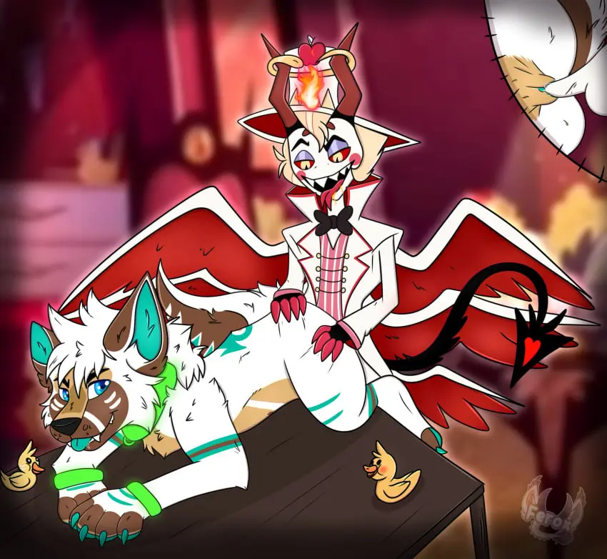 Image female,hi_res,male,sex,duo,humanoid,doggy_style,from_behind_position,male/female,wings,anthro,demon,absurd_res,collar,canid,canine,canis,mammal,wolf,hazbin_hotel,close-up,lucifer_morningstar_(hazbin_hotel),ame,ameko,feroxart,ocxcannon