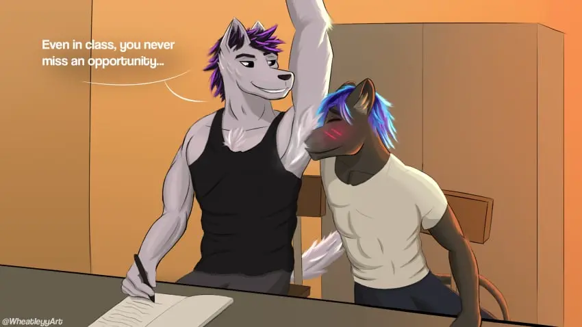 Image blush,clothed,clothing,hi_res,pants,shirt,smile,blue_hair,male,tail,duo,athletic,athletic_male,muscular,muscular_male,male/male,yaoi,digital_media_(artwork),shaded,teeth,white_clothing,hair,anthro,text,sitting,purple_eyes,closed_eyes,gay,purple_hair,canid,fur,grey_body,inside,mammal,muscular_anthro,dominant,english_text,submissive,armpit_fetish,white_body,school,blush_lines,fully_clothed,playing,tank_top,tuft,topwear,felid,t-shirt,classroom,denim,jeans,gay_male,black_clothing,bottomwear,body_hair,armpit_hair,chest_tuft,inner_ear_fluff,athletic_anthro,musk,musk_clouds,sniffing,denim_bottomwear,denim_clothing,raised_arm,armpit_sniffing,musk_fetish,armpit_tuft,musky_armpit,wheatleyy