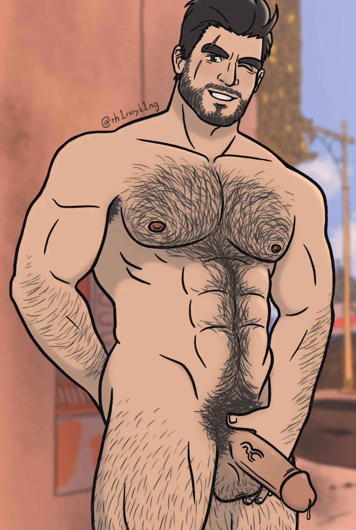 Image male,muscular,muscular_male,smiling,smiling_at_viewer,male_only,yaoi,winking_at_viewer,bara,leaking_cum,male_focus,solo_male,facial_hair,hairy,hairy_male,hairy_chest,leaking_precum,fallout,winking,fallout_4,danse_(fallout_4),paladin_danse,th1rstyk1ng