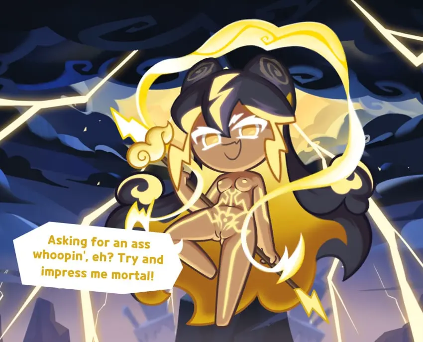 Image female,looking_at_viewer,nipples,black_hair,nude,pussy,multicolored_hair,orange_eyes,tattoo,tagme,looking_down,oerba_yun_fang,shortstack,yellow_hair,holding_weapon,cookie_run,cookie_run_kingdom,yellow_nipples,spear,lightning,stormbringer_cookie,soff_doll