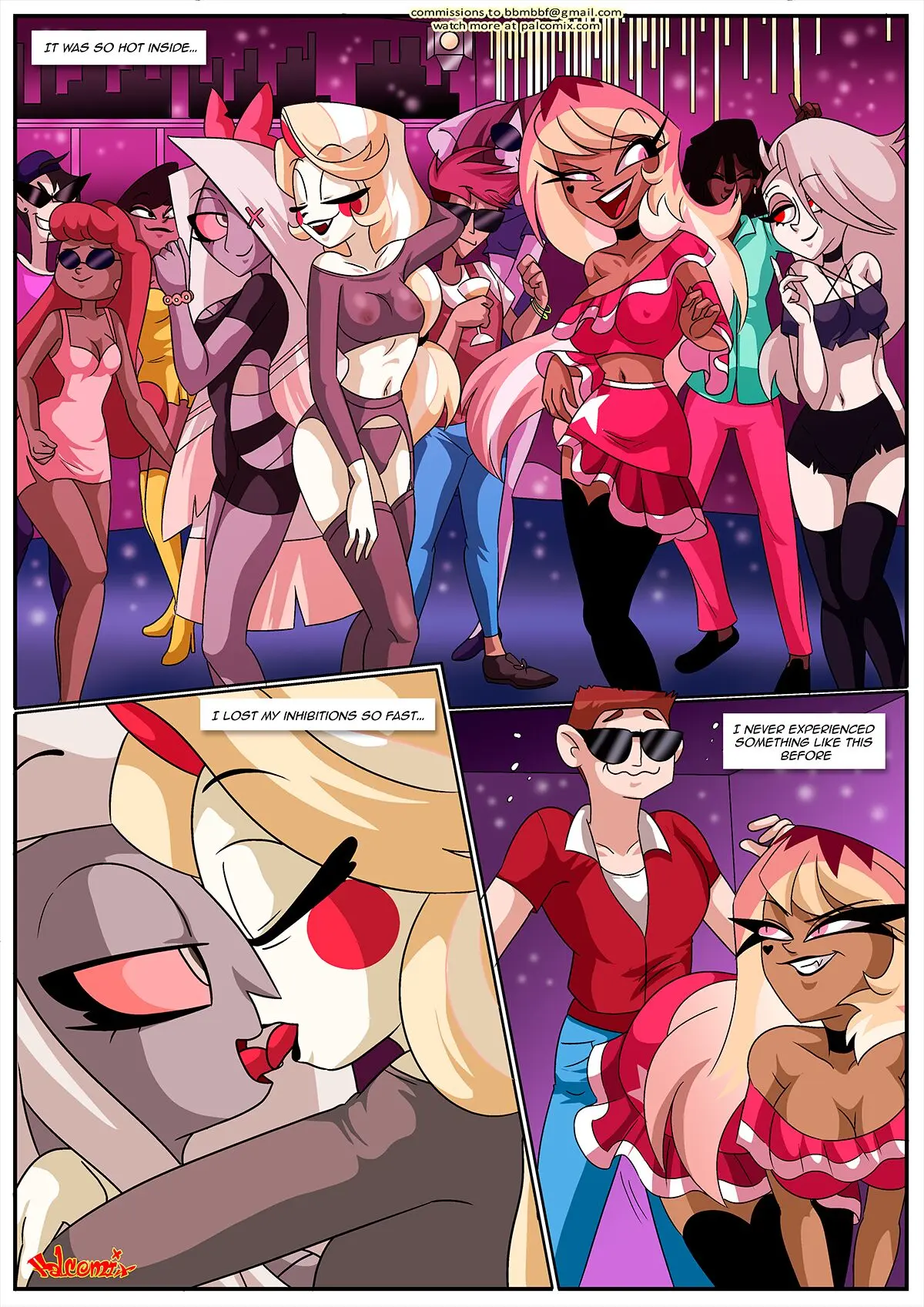 Image breasts,female,text,tagme,canon_couple,yuri,english_text,hazbin_hotel,helluva_boss,loona_(helluva_boss),twerking,page_3,charlie_morningstar_(hazbin_hotel),vaggie_(hazbin_hotel),dancing,bbmbbf,palcomix,kiss,verosika_mayday_(helluva_boss),human_verosika_mayday,human_loona,hell_of_a_night