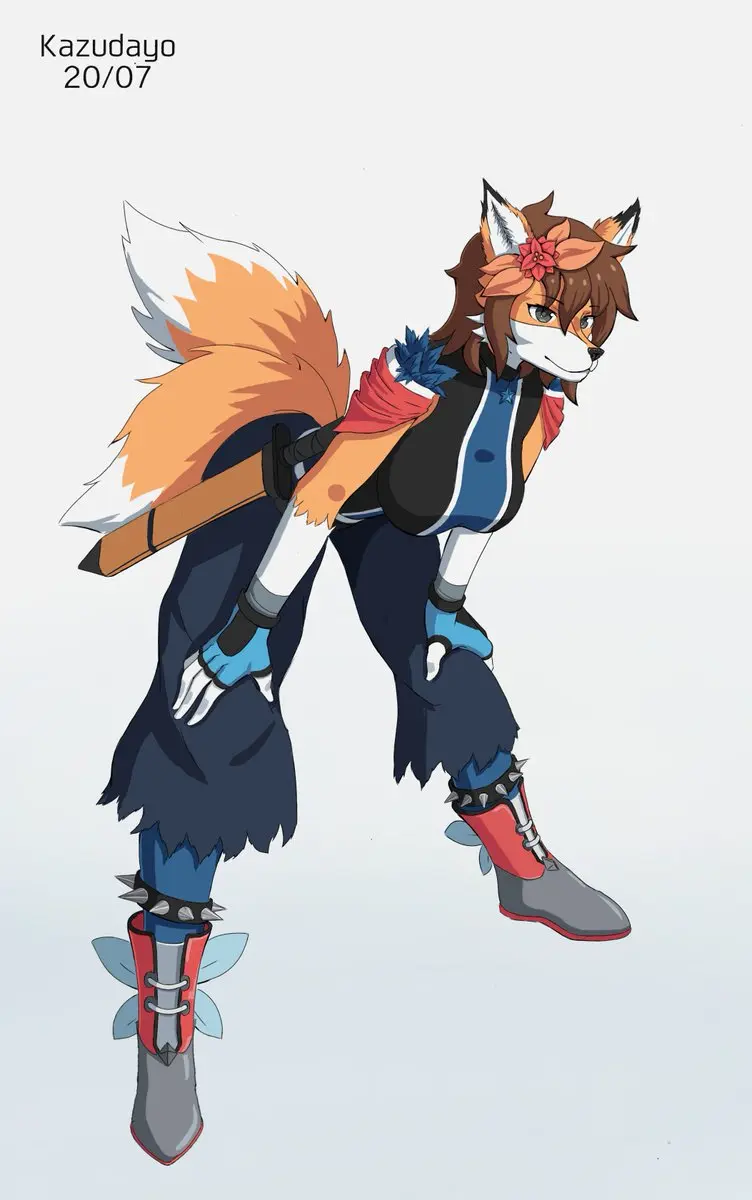 Image 1girls,female,female_only,hi_res,looking_at_viewer,pants,shirt,smile,solo,gloves,tail,flower_in_hair,accessory,clothes,shoulders,anthro,brown_hair,canid,canine,mammal,cape,jacket,flower,belt,shorts,boots,fox,2_tails,shield,cord,kazudayo,kirama_the_fox,mango,waist_cape