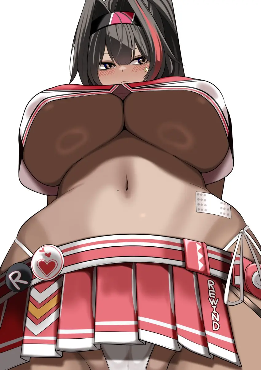 Image blush,breasts,female,highres,long_hair,simple_background,solo,white_background,navel,cute_fang,red_hair,panties,underwear,multicolored_hair,ponytail,dark_skin,underboob,huge_breasts,mole,dark-skinned_female,hair_between_eyes,mole_under_eye,grey_eyes,white_panties,hair_intakes,bandaid_on_stomach,bay_(nikke),goddess_of_victory:_nikke,mole_on_stomach,star_sticker,sticker_on_face,stomach,streaked_hair,from_below,highleg,crop_top,viewed_from_below,cheerleader,looking_to_the_side,side-tie_panties,highleg_panties,two-tone_skirt,kurorettsu,two-tone_tank_top