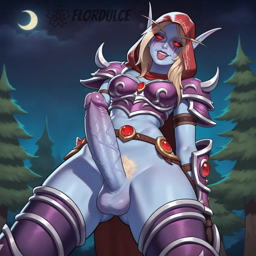 Image red_eyes,standing,penis,tongue_out,tongue,erection,futanari,intersex,ai_generated,balls,blonde_hair,elf,testicles,world_of_warcraft,pubic_hair,outdoors,night,elf_ears,erect_penis,hood,hood_up,blue_skin,armor,night_sky,elf_futa,sticking_out_tongue,sylvanas_windrunner,flordulce