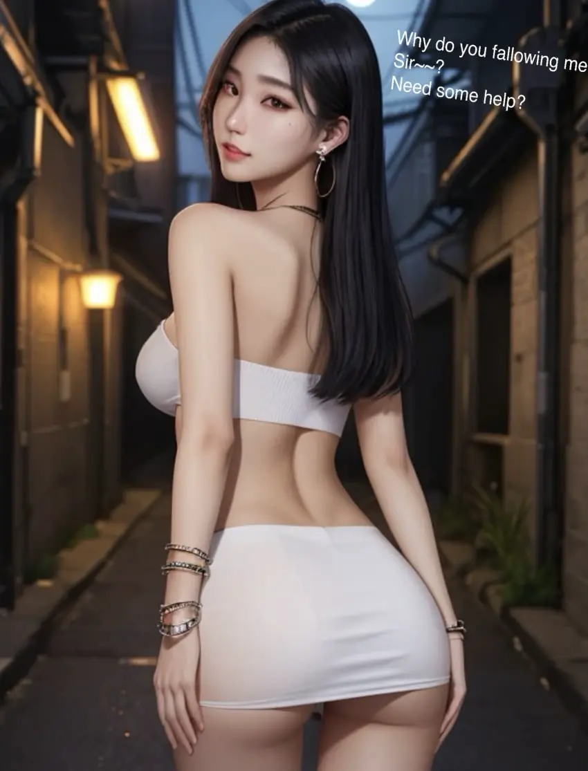 Image 1girls,female,looking_at_viewer,looking_back,ai_generated,miniskirt,alley,asian,asian_female,short_skirt,alleyway,korean,tubetop,korean_female