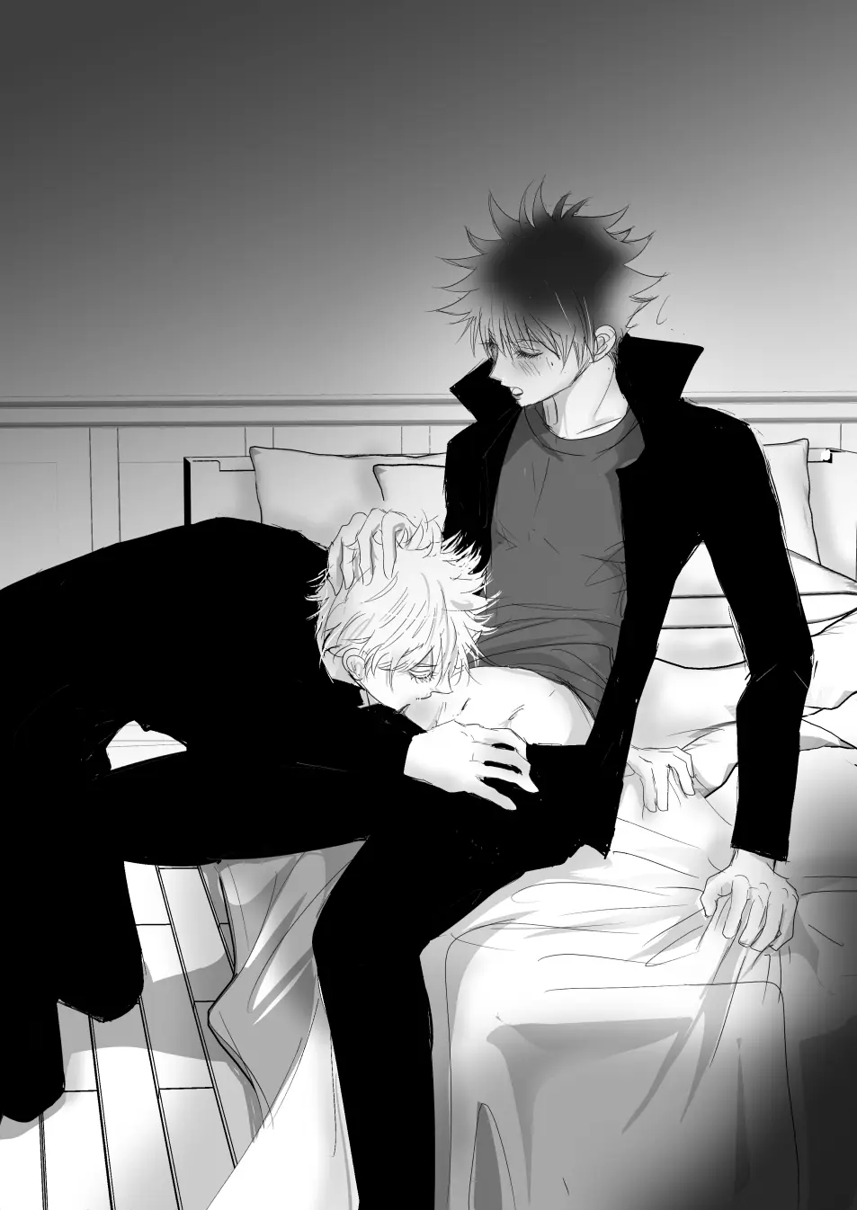Image male,oral,2boys,male/male,male_only,yaoi,gay,jujutsu_kaisen,hand_on_another's_head,satoru_gojo,fushiguro_megumi