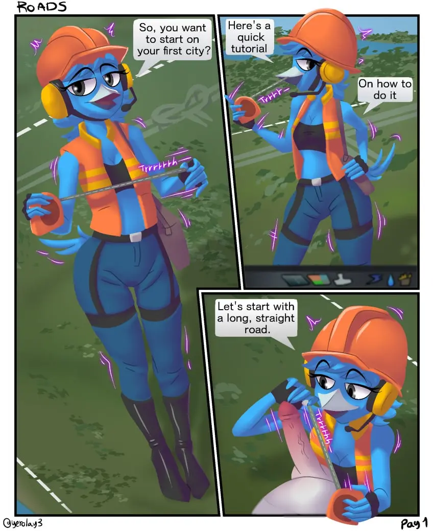 Image clothed, clothing, female, hi_res, looking_at_viewer, solo, blue_hair, male, penis, duo, headwear, digital_drawing_(artwork), digital_media_(artwork), headgear, hair, male/female, feathers, anthro, text, gaming, comic, footwear, genitals, belt, english_text, blue_body, avian, first_person_view, boots, handwear, detailed_background, armor, helmet, city, yerolay, page_number, faceless_character, blue_feathers, page_1, construction_worker, hard_hat, playing_video_game, chirper, cities:_skylines, penis_measurement