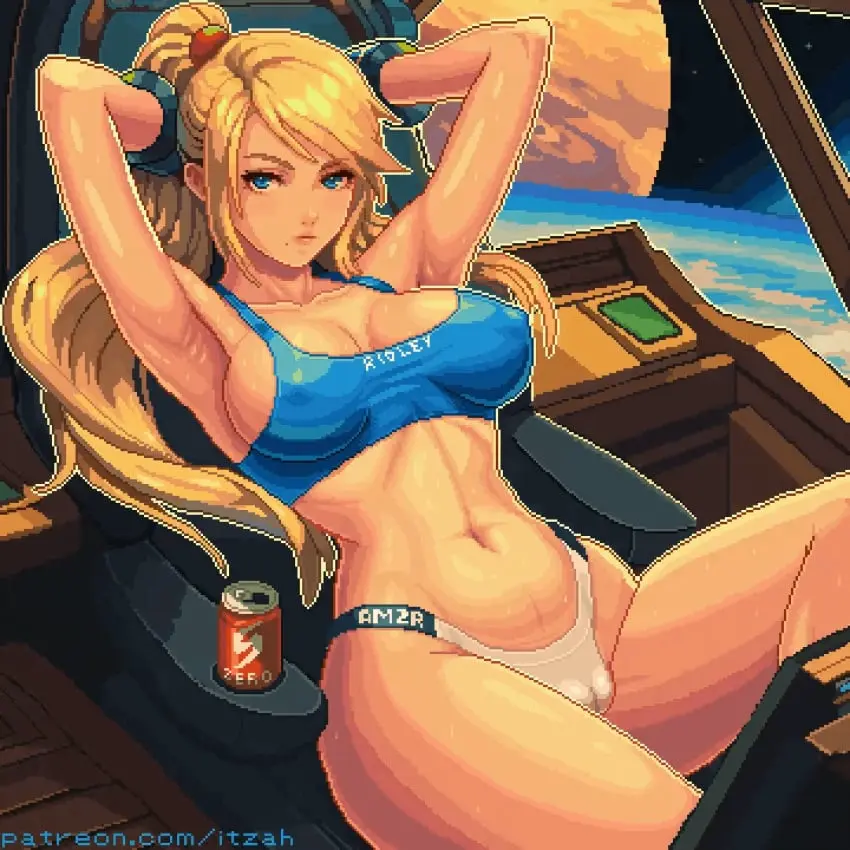 Image breasts,clothing,female,highres,human,large_breasts,long_hair,looking_at_viewer,nipples,solo,blue_eyes,navel,panties,ponytail,watermark,arms_up,artist_name,cleavage,blonde_hair,pale_skin,nintendo,cameltoe,skindentation,animated,tight_clothing,revealing_clothes,skimpy_clothes,nipples_visible_through_clothing,space,pixel_art,metroid,samus_aran,skin_tight,reclining,blinking,drink,itzah,spaceship