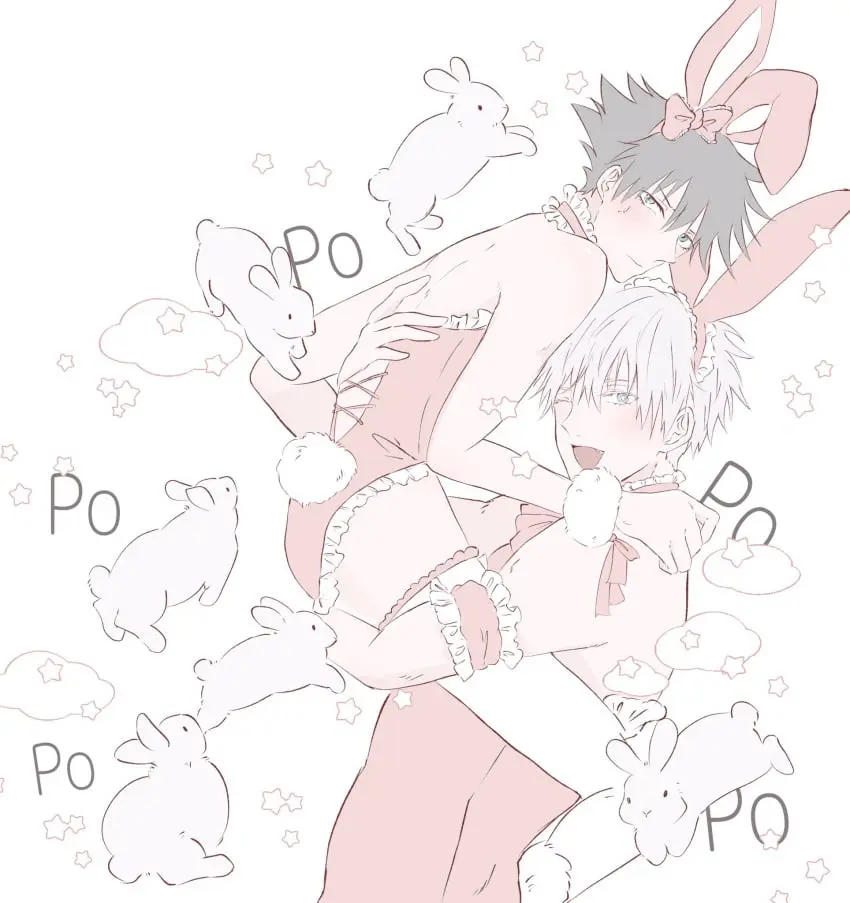 Image male,2boys,crossdressing,male_only,bunny_ears,bunny_tail,bunnysuit,carrying,jujutsu_kaisen,bunny_boy,satoru_gojo,fushiguro_megumi
