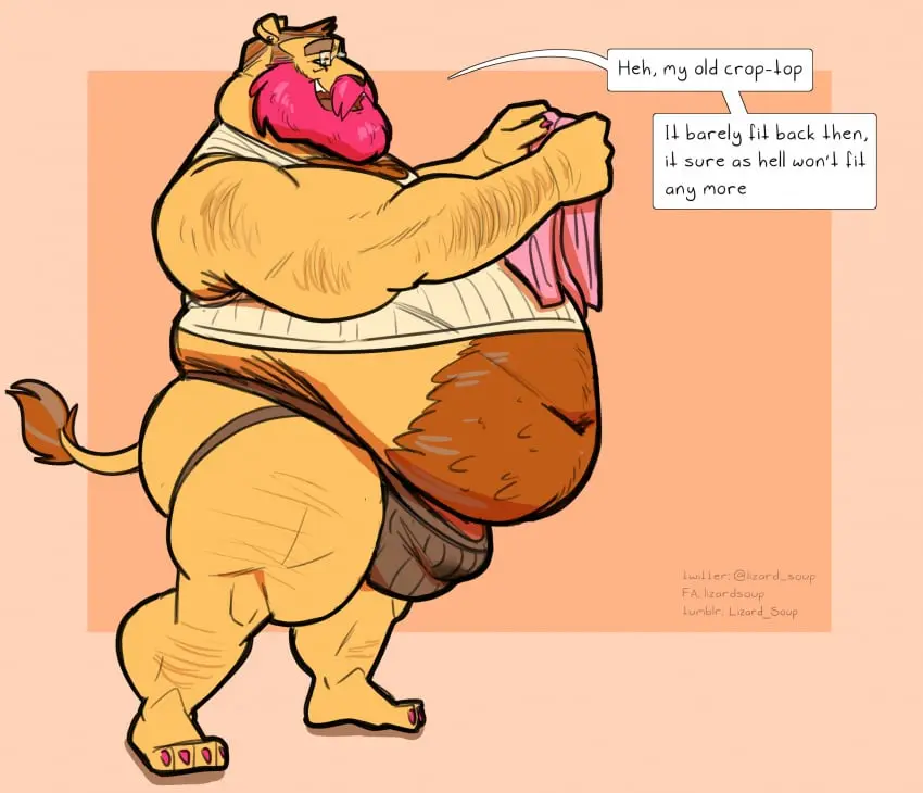 Image clothing,hi_res,open_mouth,shirt,simple_background,smile,solo,male,navel,tail,underwear,barefoot,muscular,muscular_male,feet,belly,eyebrows,shadow,side_view,teeth,white_clothing,eyewear,glasses,hair,anthro,text,brown_hair,fur,holding_object,mammal,snout,dialogue,biceps,claws,muscular_anthro,toe_claws,yellow_body,yellow_fur,white_shirt,english_text,black_nose,2024,speech_bubble,brown_fur,toes,tank_top,topwear,brown_body,short_tail,felid,overweight,beard,lion,pantherine,facial_hair,4_toes,overweight_male,white_topwear,yellow_ears,yellow_tail,body_hair,moustache,full-length_portrait,portrait,plantigrade,finger_claws,long_tail,overweight_anthro,jockstrap,pink_claws,holding_clothing,border,brown_eyebrows,round_ears,white_tank_top,paintbrush_tail,apricot_background,apricot_border,brown_mouth,lizardsoup,pink_beard,pink_facial_hair,pink_mustache