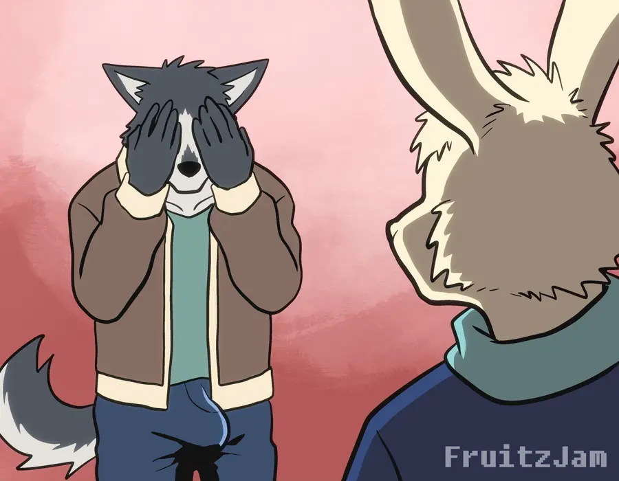 Image clothed,clothing,male,tail,duo,erection,embarrassed,yaoi,anthro,gay,canid,canine,canis,fur,mammal,wolf,5_fingers,biped,fingers,lagomorph,leporid,rabbit,erection_under_clothing,gay_male,countershading,countershade_fur,countershade_tail,unwanted_erection,fruitz,charlie_(fruitz),maverick_(fruitz)