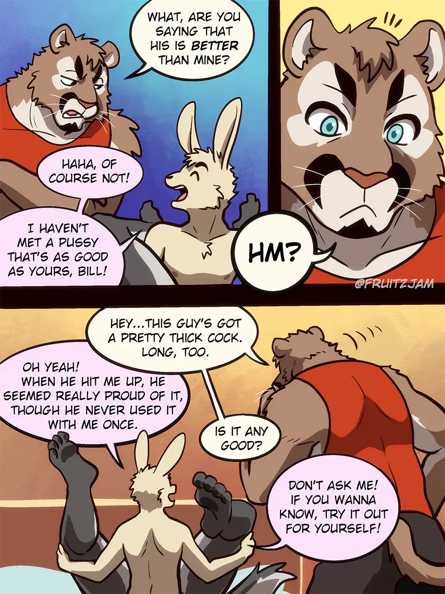 Image clothed,clothing,hi_res,open_mouth,smile,blue_eyes,male,tail,sex,male/male,yaoi,eyebrows,open_smile,anthro,text,gay,comic,fur,mammal,dialogue,english_text,feline,biped,speech_bubble,brown_fur,brown_body,lagomorph,leporid,rabbit,group,trio,felid,small_dom_big_sub,gay_male,whiskers,countershading,cougar,countershade_fur,fruitz,charlie_(fruitz),maverick_(fruitz),bill_(fruitz)