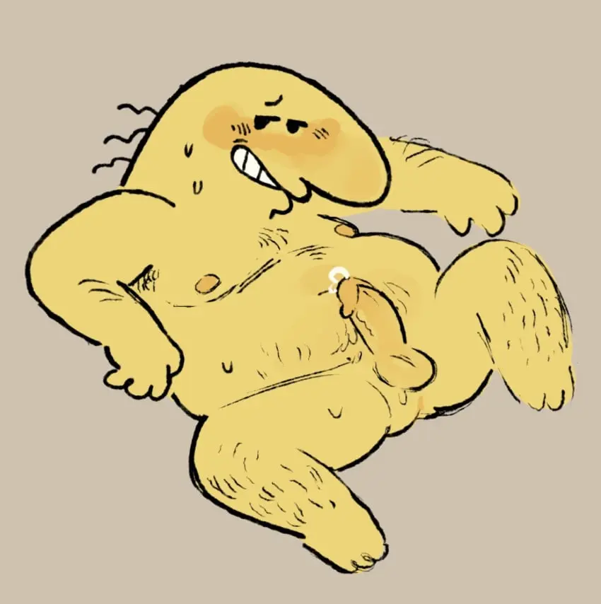 Image blush,solo,male,sweat,male_only,grin,grinning,legs_up,precum,sweating,solo_male,no_humans,non-human,toony,overweight,overweight_male,non-human_only,legs_spread,smiling_friends,charlie_(smiling_friends),tummiesandsuch