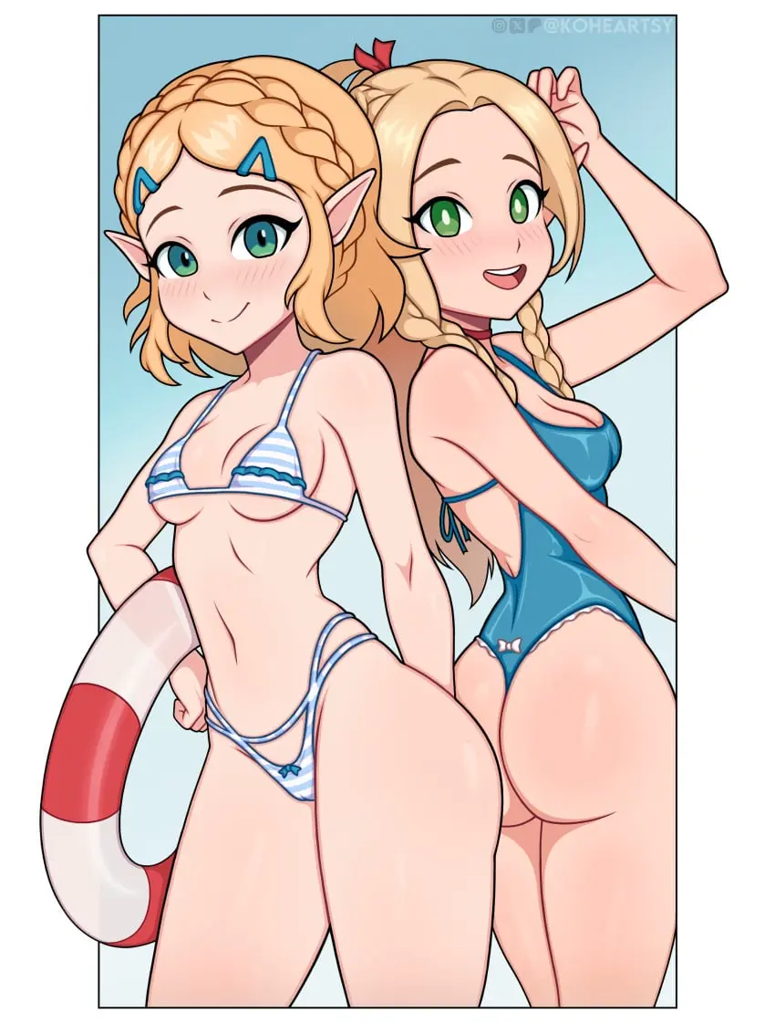 Image blush,breasts,female,hi_res,long_hair,looking_at_viewer,open_mouth,smile,standing,2girls,short_hair,sidelocks,bikini,ass,looking_back,small_breasts,ponytail,artist_name,cleavage,gradient_background,blonde_hair,green_eyes,medium_breasts,one-piece_swimsuit,swimsuit,elf,pointy_ears,slim,absurd_res,nintendo,hand_on_hip,braid,cameltoe,twintails,micro_bikini,:d,elf_female,highleg,breath_of_the_wild,princess_zelda,the_legend_of_zelda,paid_reward_available,highleg_bikini,dungeon_meshi,marcille_donato,tears_of_the_kingdom,zelda_(tears_of_the_kingdom),delicious_in_dungeon,innertube,highleg_swimsuit,kohe_artsy